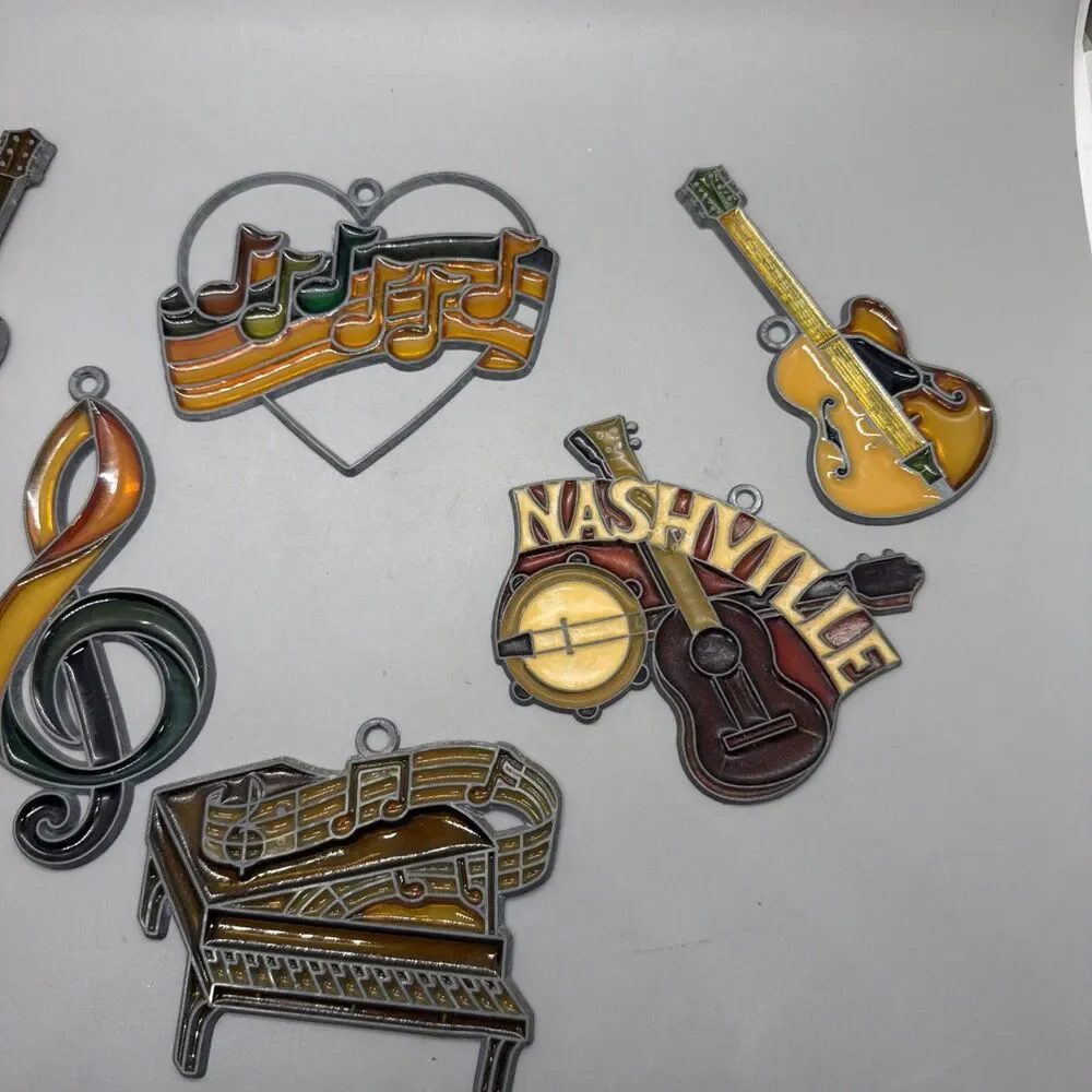 Vtg Nashville Guitar &music Suncatcher Ornaments Lot of 7 Stained Glass 70s 80s